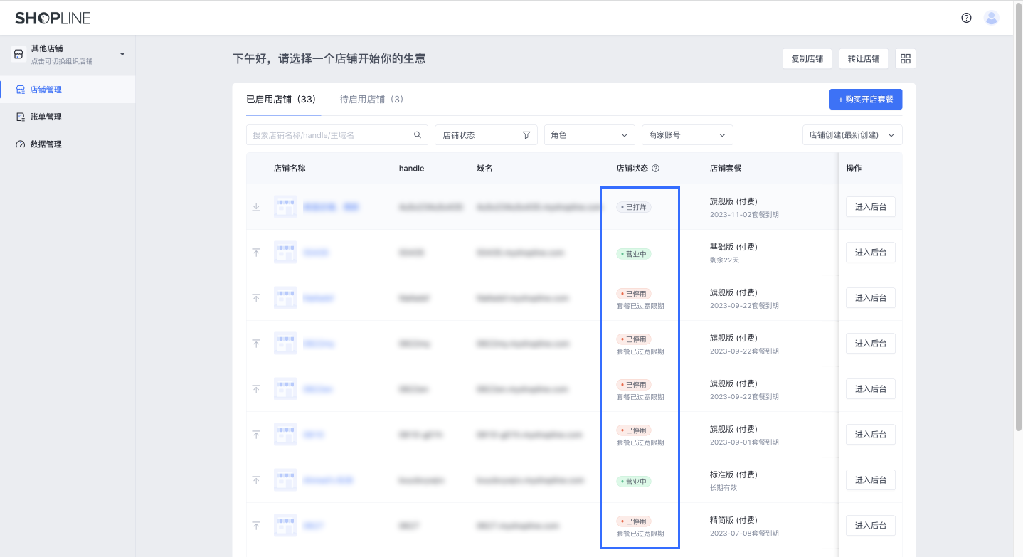 SHOPLINE商店状态