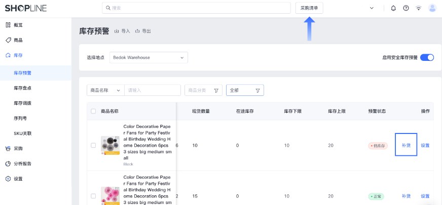 SHOPLINE POS库存预警