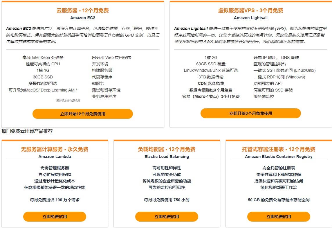 亚马逊云科技100+热门云服务免费试用