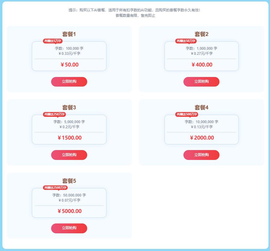 5118 AI字数套餐： 购买即送50%