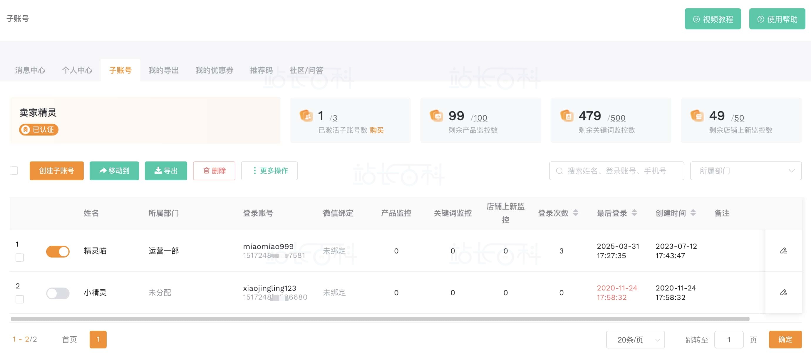 卖家精灵子账号
