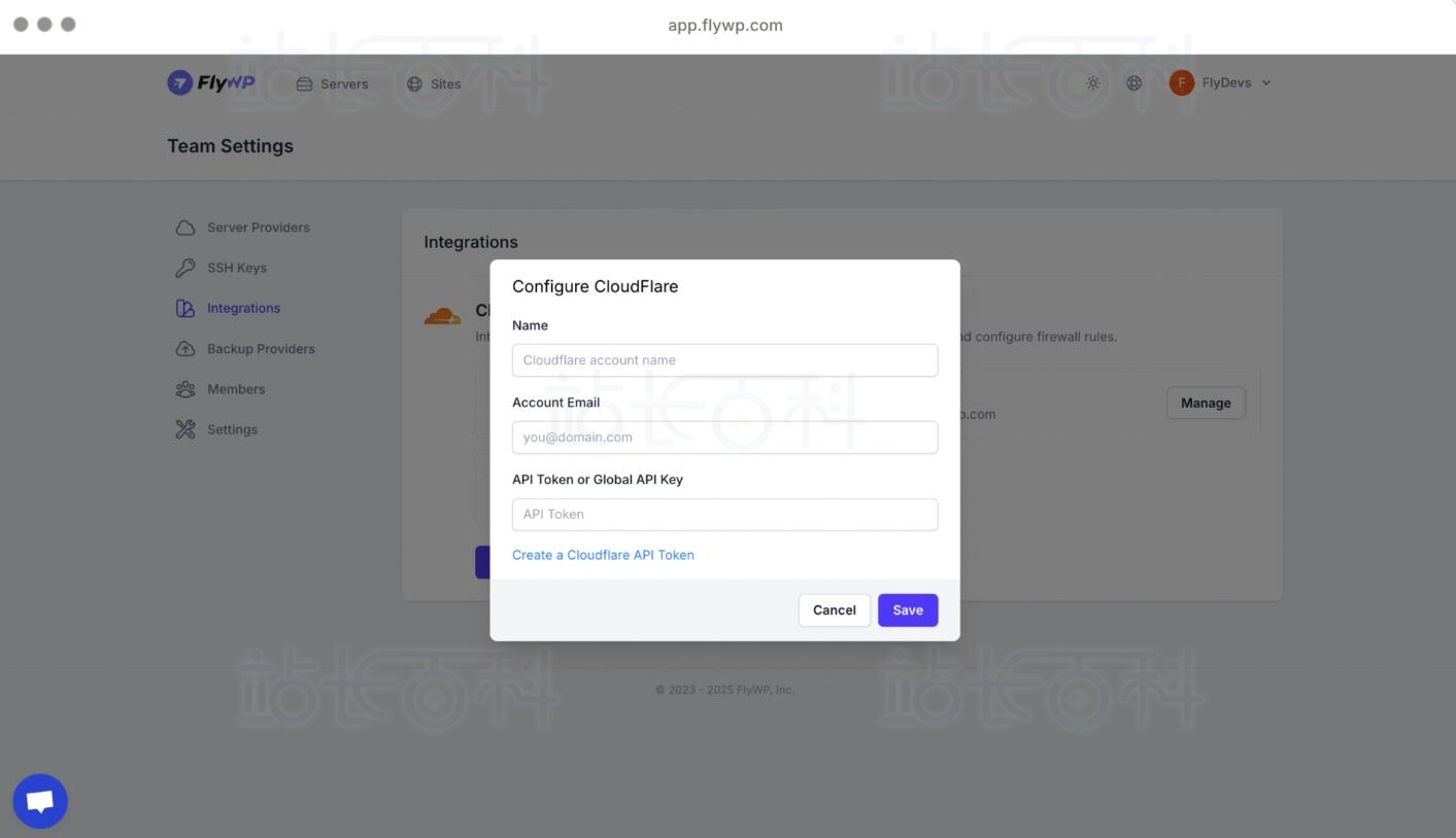 添加Cloudflare账户到FlyWP