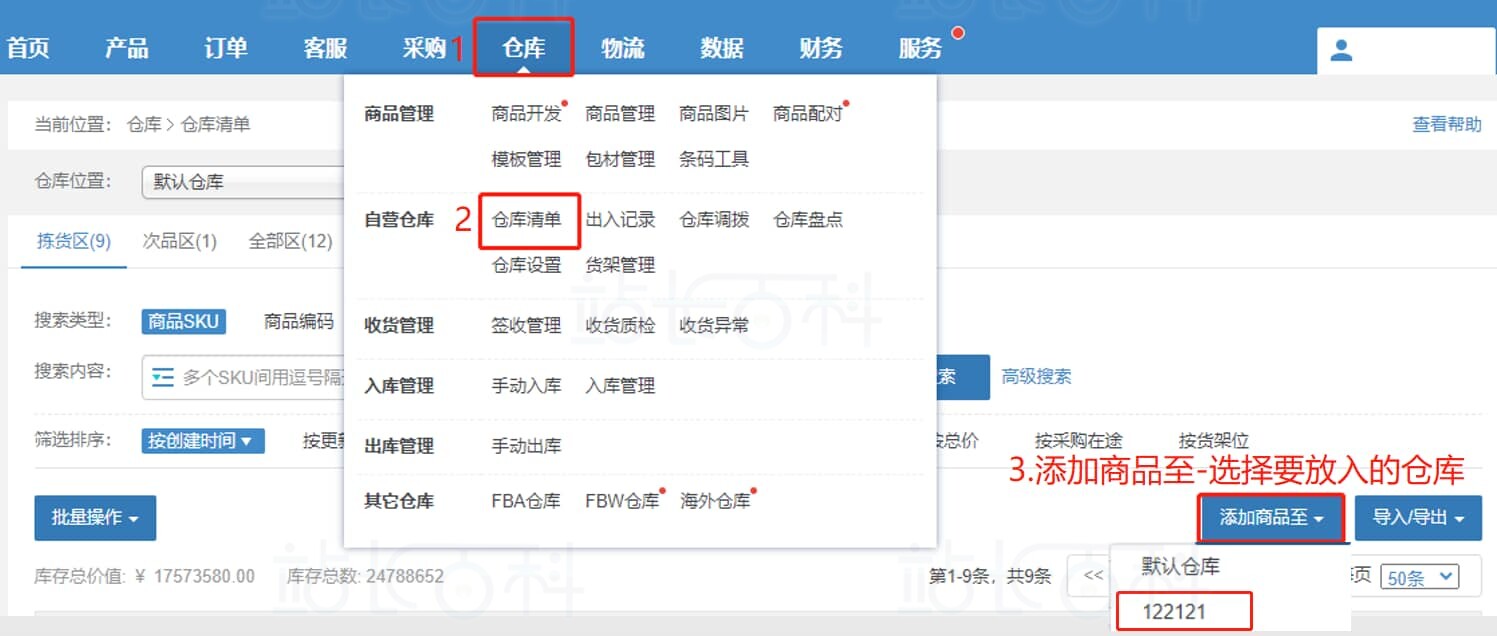 将商品SKU放入仓库清单