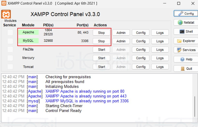 启动 Apache 和 MySQL
