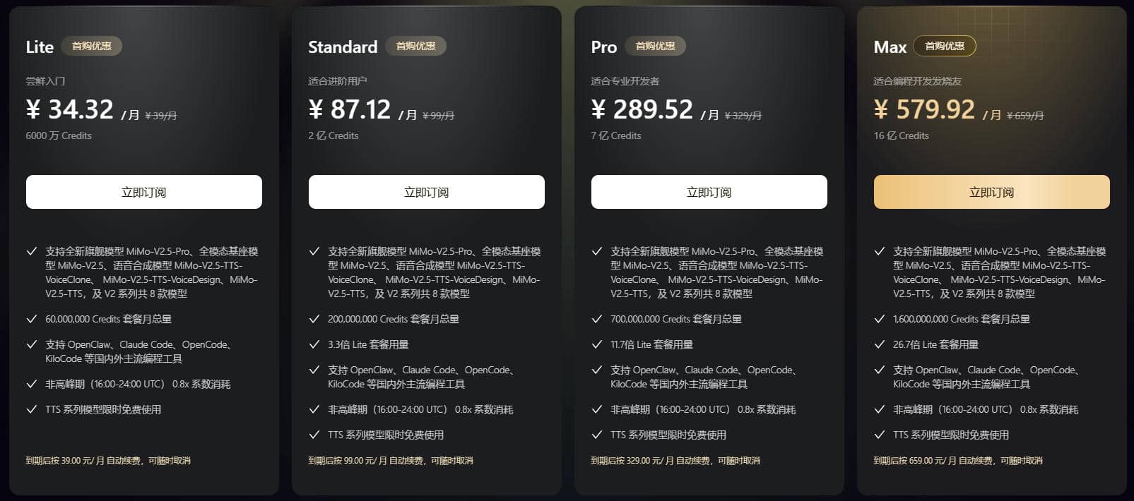 Xiaomi MiMo Token Plan定价