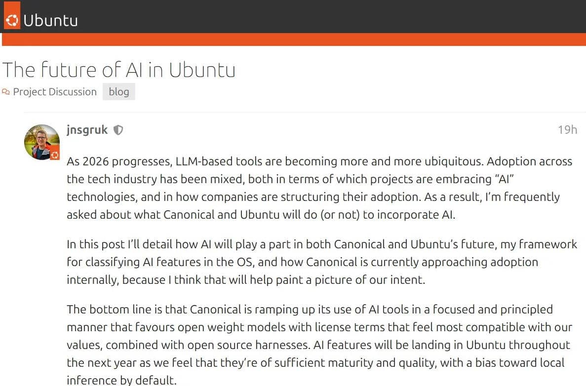 Ubuntu官方宣布2026年全面集成原生AI